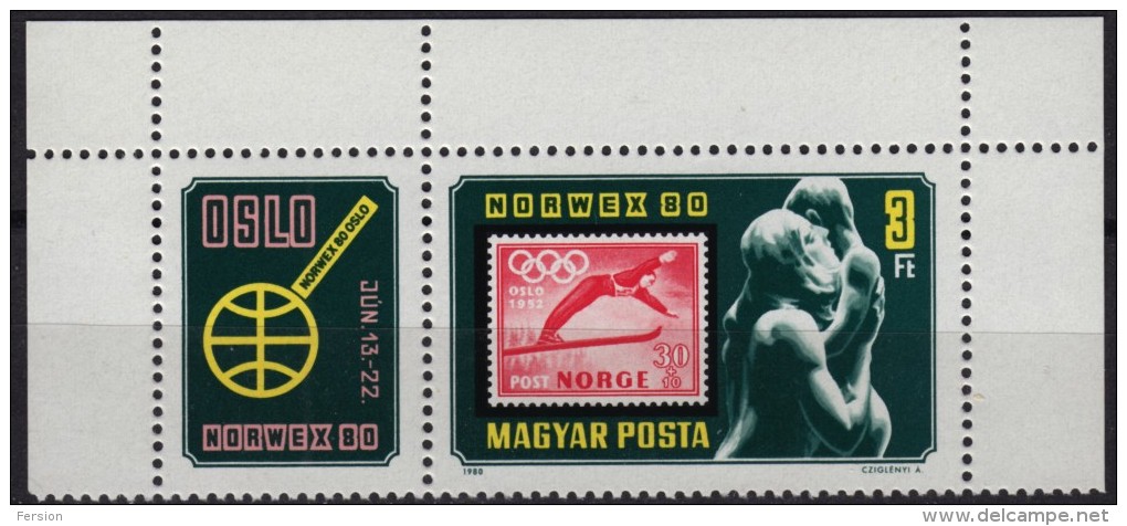 Oslo Winter Olympics 1952 - Ski Jumping - Norway NORWEX Stamp Exhibition 1980 Hungary - STAMP On STAMP - MNH - Inverno1952: Oslo