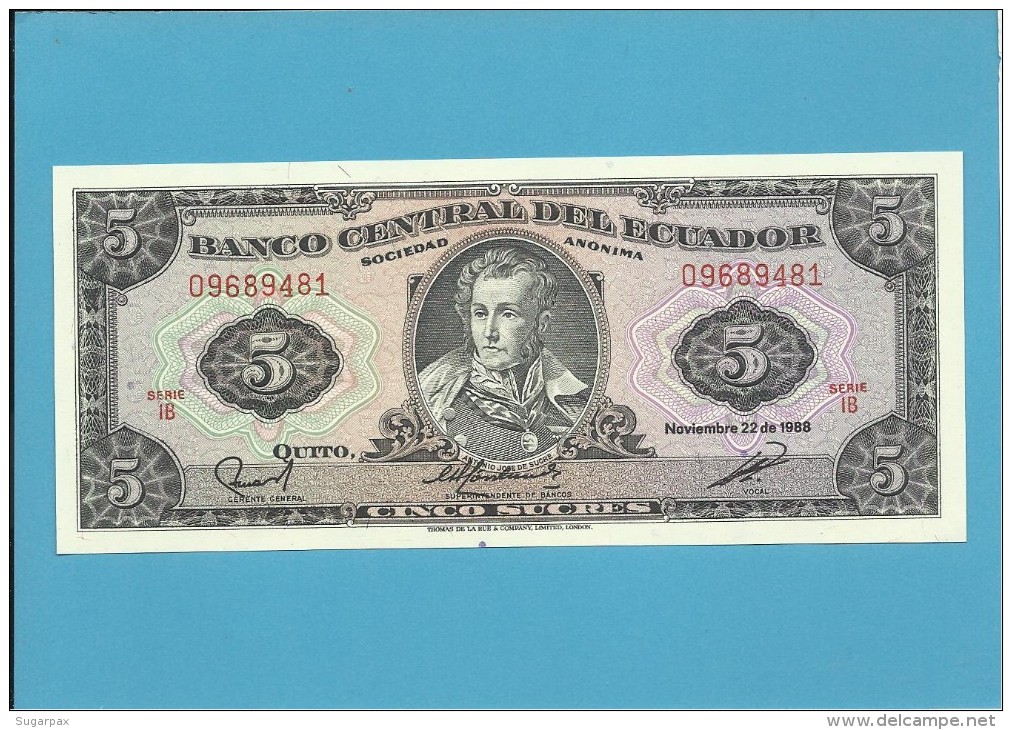 ECUADOR - 5 SUCRES - 22.11.1988 - Pick 113d - Série IB - UNC. - Equateur