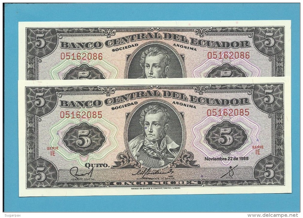 ECUADOR - 2 X 5 SUCRES - 22.11.1988 - Pick 113d - Série IE - UNC. - FOLLOWED NUMBERS-NOMBRES SUIVANTS-NUMEROS SEGUIDOS - Equateur