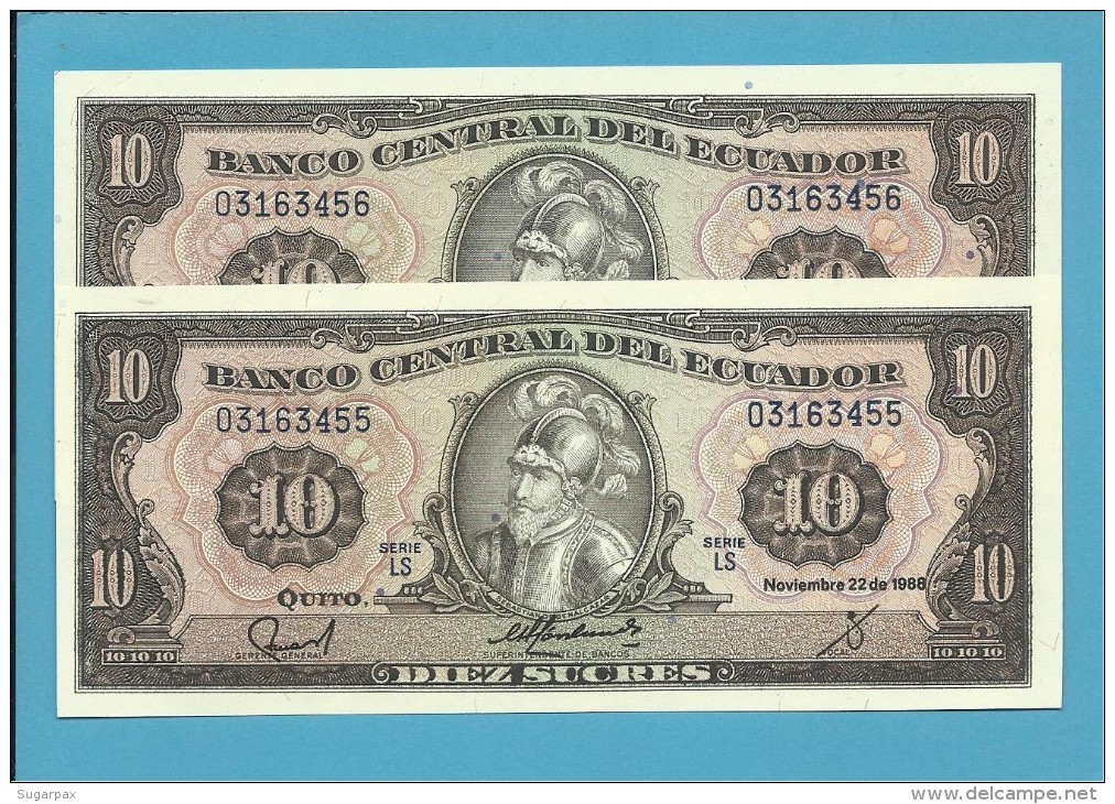 ECUADOR - 2 X 10 SUCRES - 22.11.1988 - Pick 121 - Série LS - UNC. - FOLLOWED NUMBERS-NOMBRES SUIVANTS-NUMEROS SEGUIDOS - Equateur