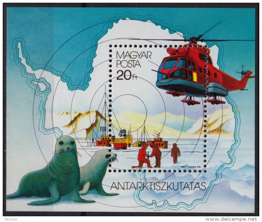 Seal / Helicopter - Discovering Antarctica - Block - Hungary 1987 - No Gum - Bases Antarctiques