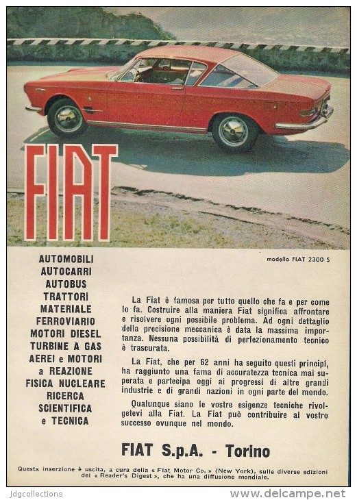 # FIAT 2300S Car 1960s Italy Advert Pub Pubblicità Reklame Auto Voiture Coche Carro Torino - Voitures