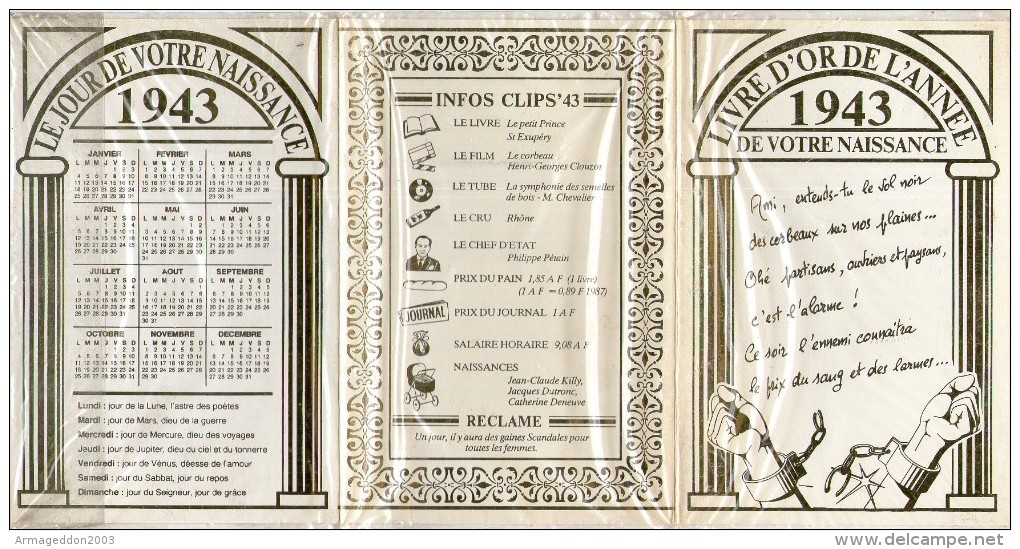 D01 / NEUVE EMBALLE CALENDRIER LE CHANT DES PARTISANS  LIVRE D´OR DE VOTRE NAISSANCE 1943 / 3 SCANS - Small : 1961-70