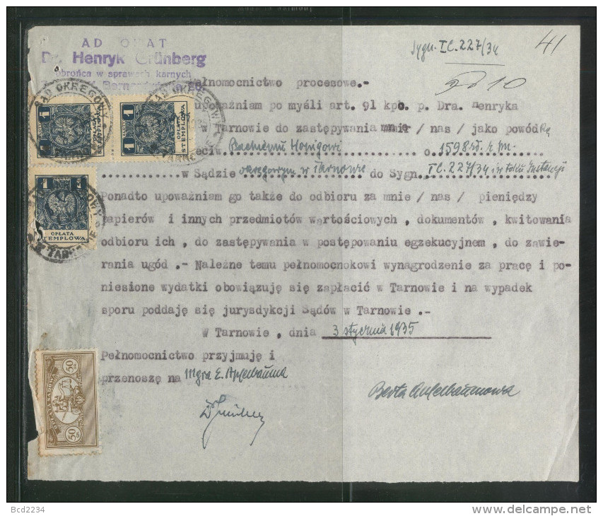 POLAND 1934 POWER OF ATTORNEY WITH 50GR COURT JUDICIAL REVENUE BF#17 & 3 X 1ZL GENERAL DUTY REVENUE BF#106 - Fiscaux