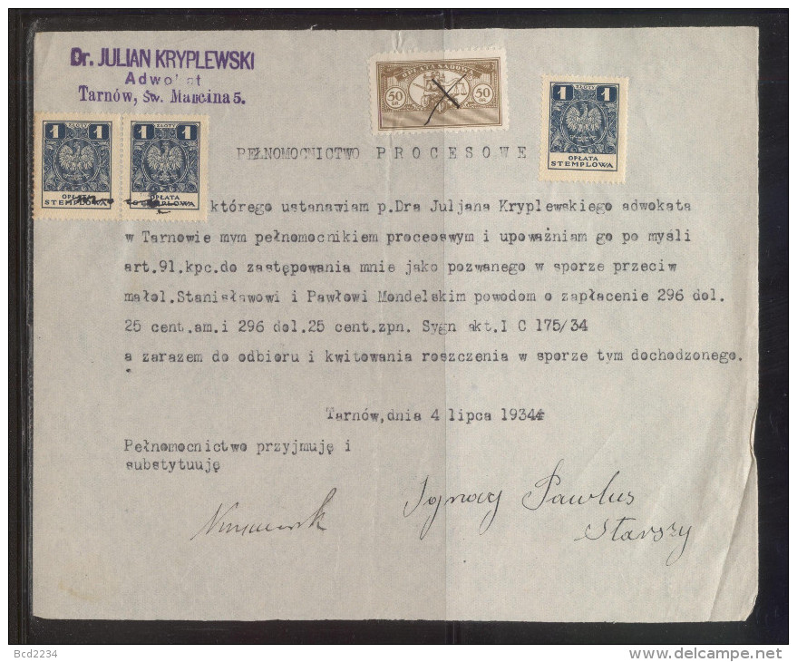 POLAND 1934 POWER OF ATTORNEY WITH 50GR COURT JUDICIAL REVENUE BF#17 & 3 X 1ZL GENERAL DUTY REVENUE BF#106 - Revenue Stamps