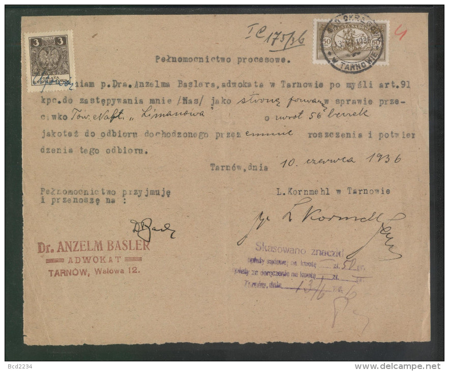 POLAND 1936 POWER OF ATTORNEY WITH 50GR COURT JUDICIAL REVENUE BF#17 & 3ZL GENERAL DUTY REVENUE BF#108 - Fiscaux