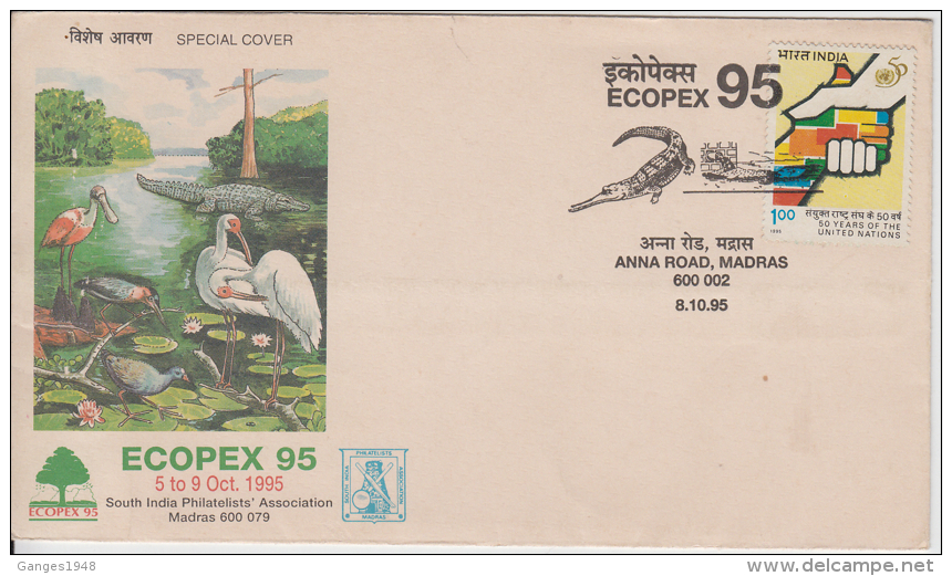 India 1995  Crocodile / Alligator Cancellation Birds  ECOPEX  Special Cover # 81109 Inde Indien - Other & Unclassified