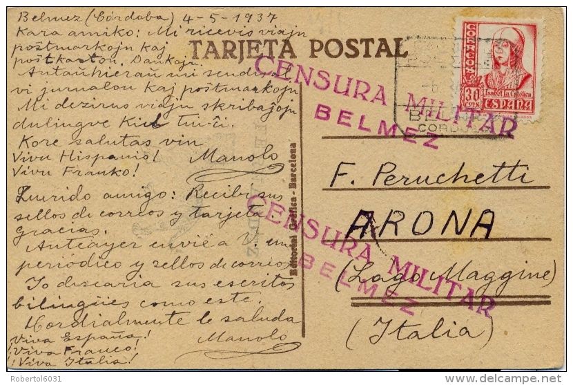 Spain 1937 Picture Postcard Of Cinema Actor From Belmez To Italy With 30 Cts. And Military Censorship Handstamp - Marques De Censures Nationalistes