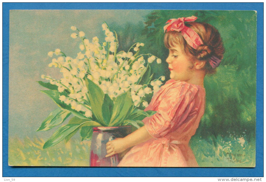 140447 / Artist  Maxim Trübe TRUEBE -  LITTLE GIRL VASE FLOWERS Lily Of The Valley - 890 WENAU PASTELL - Truebe, Maxim