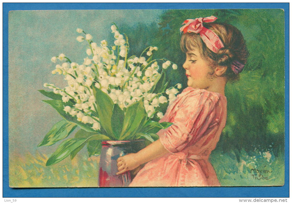 140448 / Artist  Maxim Trübe TRUEBE -  LITTLE GIRL VASE FLOWERS Lily Of The Valley - 890 WENAU PASTELL - Trübe, Maxim