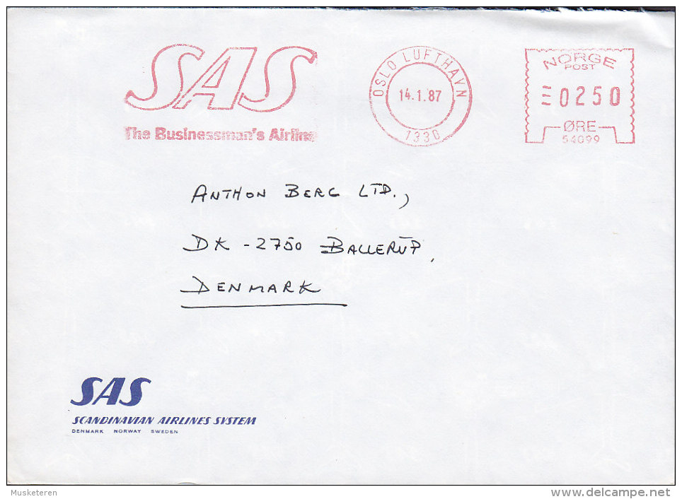 Norway SAS Scandinavian Airlines System 54099, OSLO LUFTHAVN Meter Stamp 1987 Cover Brief To Denmark Printermachine EM - Briefe U. Dokumente