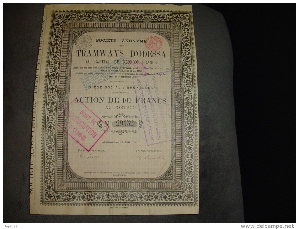 Action De 100 Francs " Tramways D'Odessa " 1881. - Chemin De Fer & Tramway