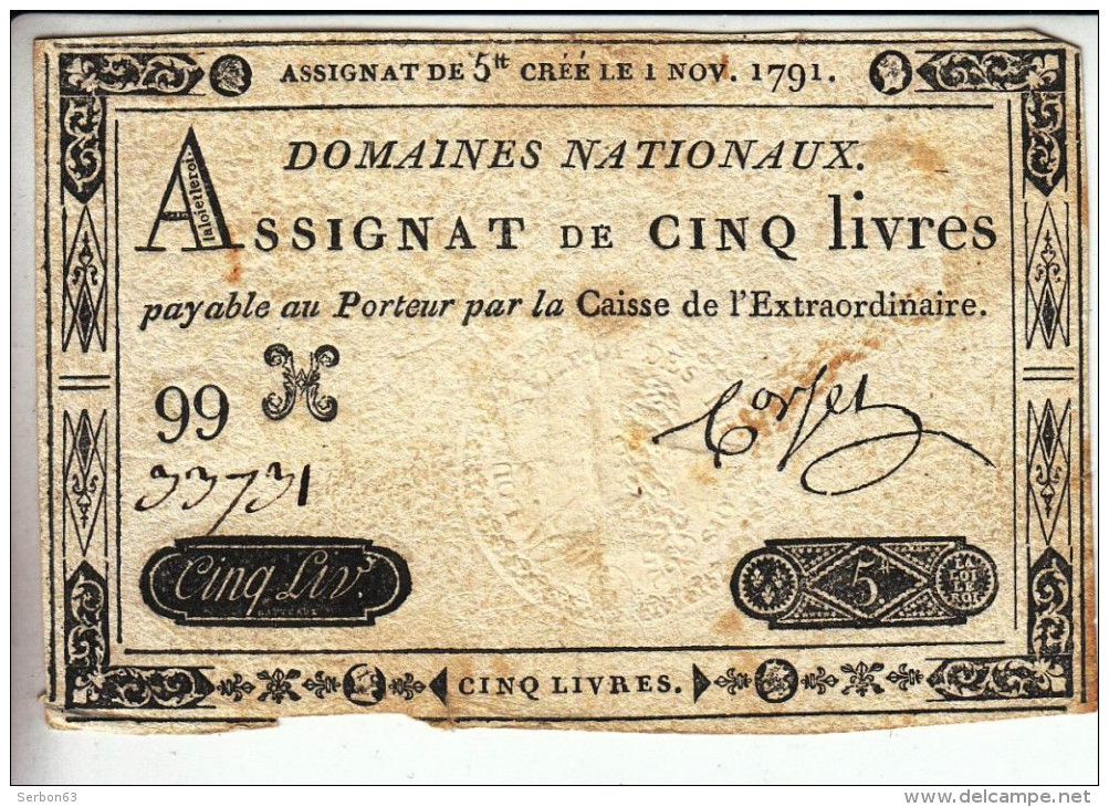 AUTHENTIQUE ASSIGNAT DE 5£ CINQ LIVRES CREE LE 1er NOVEMBRE 1791 LE TIMBRE SEC EST BEAU ET BIEN VISIBLE 99 H - N°33731 - Assignate