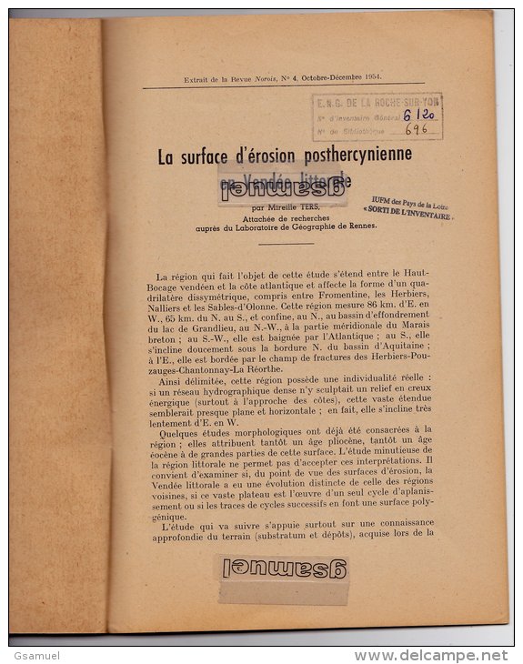 Fascicule. La Surface D´érosion Post Hercynienne En Vendée Littorale 1954 Par Mireille TERS Et Dédicacé Par Elle-même. - Pays De Loire