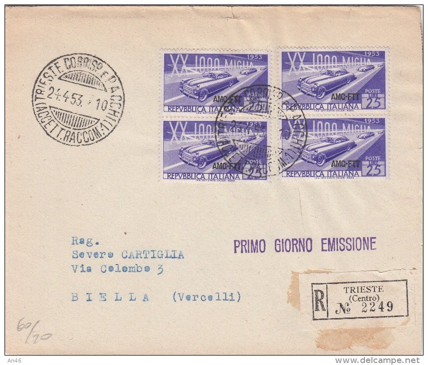 STORIA POSTALE F.D.C.-XX Mille Miglia-Quartina AMG-FTT-su Busta Raccom.-TRIESTE 24-4-1953 Vedi Descrizione - Posta