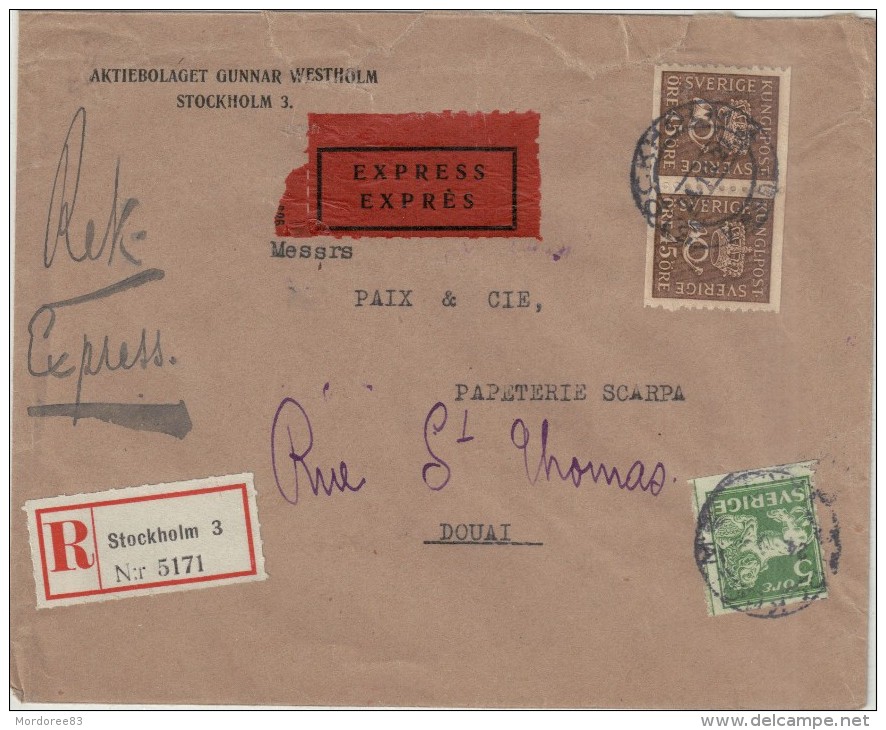 SUEDE SVERIGE COVER EXPRESS REC STOCKHOLM 24/10/27 FRANCE DOUAI YT 123+PAIRE 140 - 1920-1936 Coil Stamps I