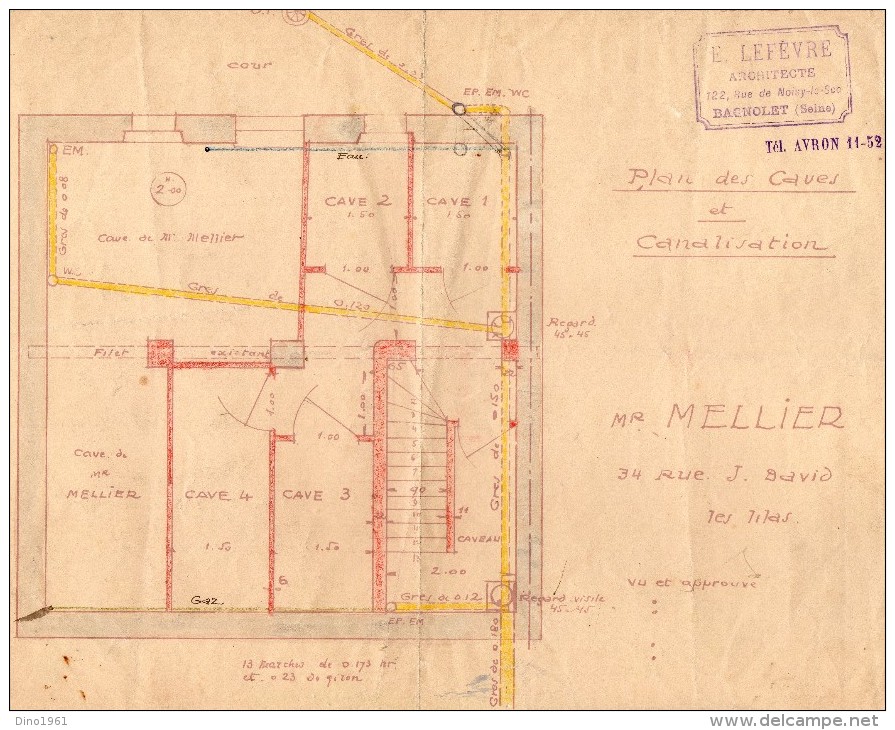 VP958 - LES LILAS - Plan Des Caves Et Canalisation Propriété De Mr MELLIER / Architecte E. LEFEVRE  BAGNOLET - Architectuur