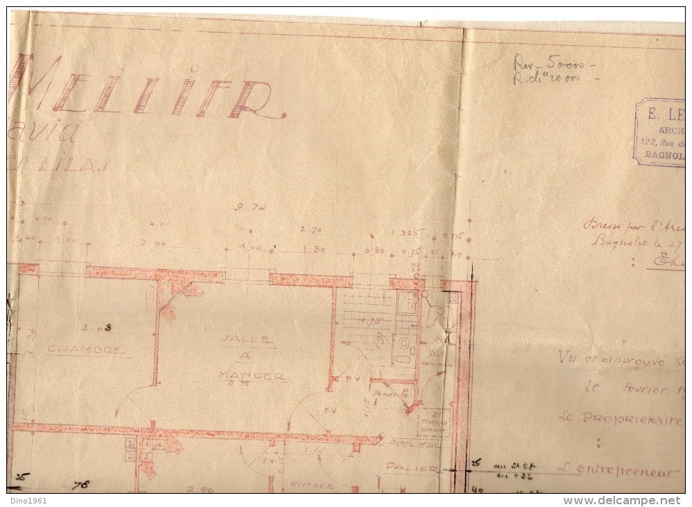 VP959 - LES LILAS -  Grand Plan ( 70 X 60 ) Propriété De Mr MELLIER / Architecte E. LEFEVRE  BAGNOLET - Arquitectura