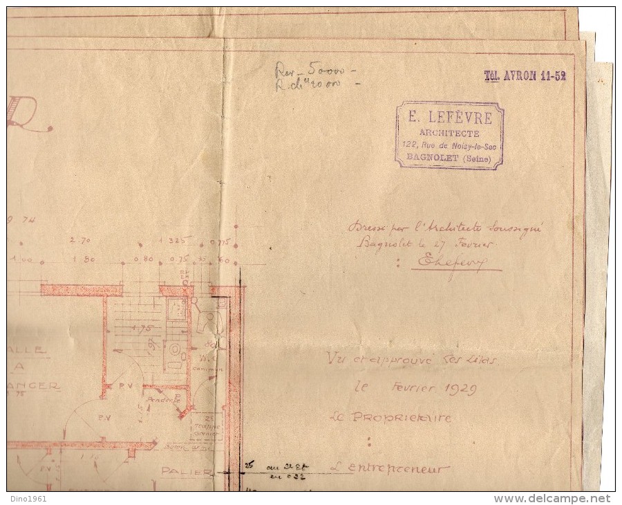 VP959 - LES LILAS -  Grand Plan ( 70 X 60 ) Propriété De Mr MELLIER / Architecte E. LEFEVRE  BAGNOLET - Arquitectura