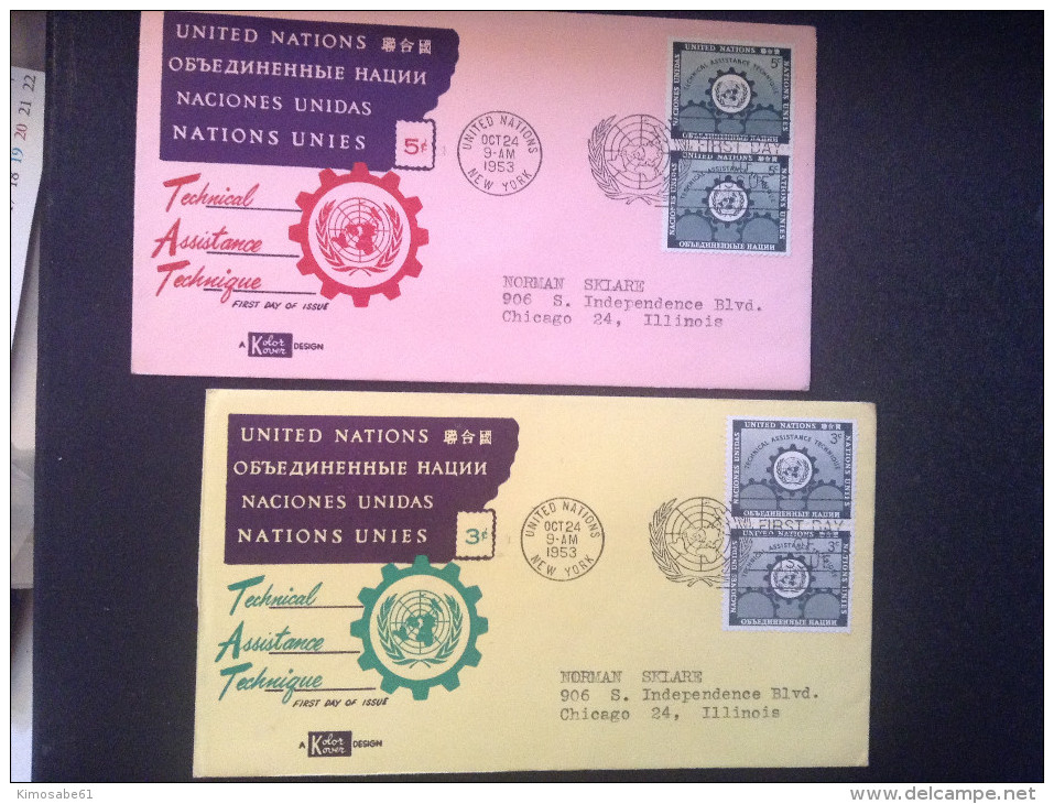 UN-NY, 1953 FDCs (x2) - Technical Assistance Technique First Day Of Issue - FDC