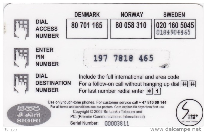 Norway, PPC 36- 01, Sri Lanka Telecom, Sigiriyaklippen, 2 Scans.  Also Denmark And Sweden - Norvegia