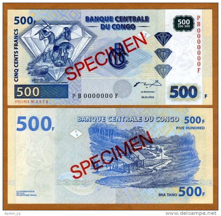 CONGO DEMOCRATIC REPUBLIC:  500 Francs  2002 UNC  *SPECIMEN*  P-96s  /exploitation Of Diamonds - Natural Scene - Ohne Zuordnung