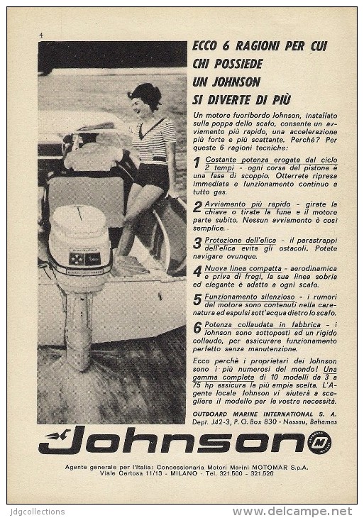 # JOHNSON Outboard Marine Motor 1950s Italy Advert Pub Pubblicità Reklame Boat Bateau Boot  Sea River Lake Mer Fishing - Other & Unclassified