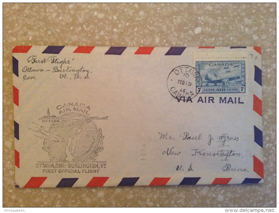 Canada, 1946 FFC - Canada Air Mail-First Official Flight, Ottawa, Ont.-Burlington, VT. - Premiers Vols