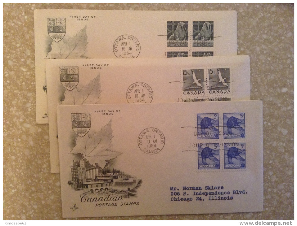 Canada, 1954 FDCs (x3) -  Canadian Postage Stamps First Day Of Issue, Art Craft - 1952-1960