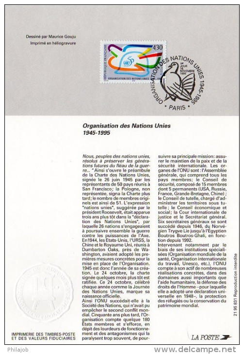 " 50 ANS DE L'ONU / COLOMBE DE LA PAIX " Sur Notice Officielle 1er Jour. N° YT 2975. FDC - Tauben & Flughühner