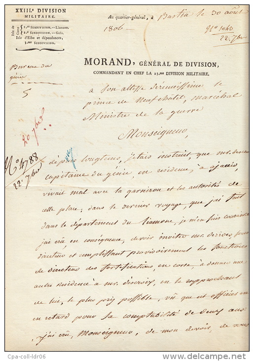 (Corse - 1806). MORAND (J), Général De La Révolution Et De L'Empire (1757- 1813). L.ettre Autographe Signée Au Ministre - Autres & Non Classés