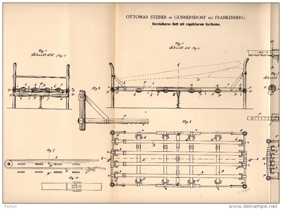 Original Patentschrift - O. Steiner In Gunnersdorf B. Frankenberg I.S., 1888 , Verstellbares Bett , Matratze , Möbel !!! - Historische Dokumente