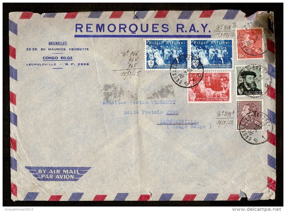 Brief Gefrankeerd Met Nrs. 964 T/e/m 966 + 2 X POORTMAN Per AIR MAIL Van BRUXELLES Naar LEOPOLDVILLE (CONGO BELGE) ! - Covers & Documents