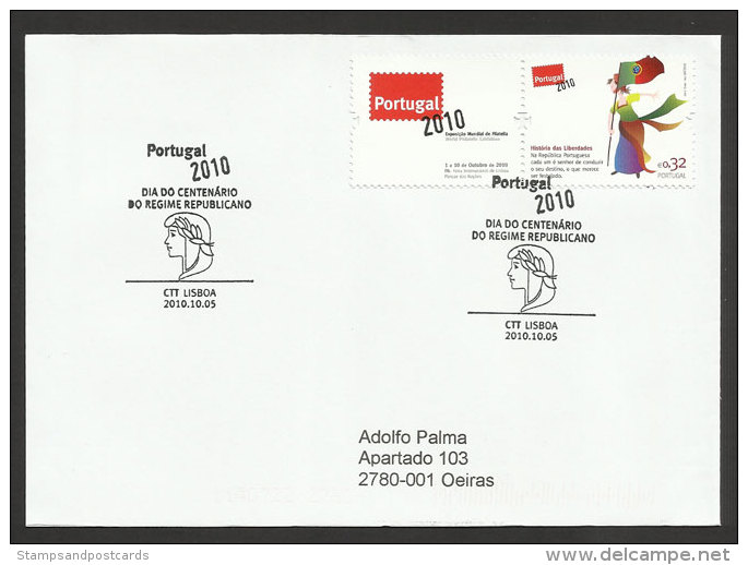 Portugal 2010 Cent. Republique Drapeaux Timbre Avec Vignette Lettre Voyagé Republic Liberty Flags Corporate Used Cover - Covers & Documents