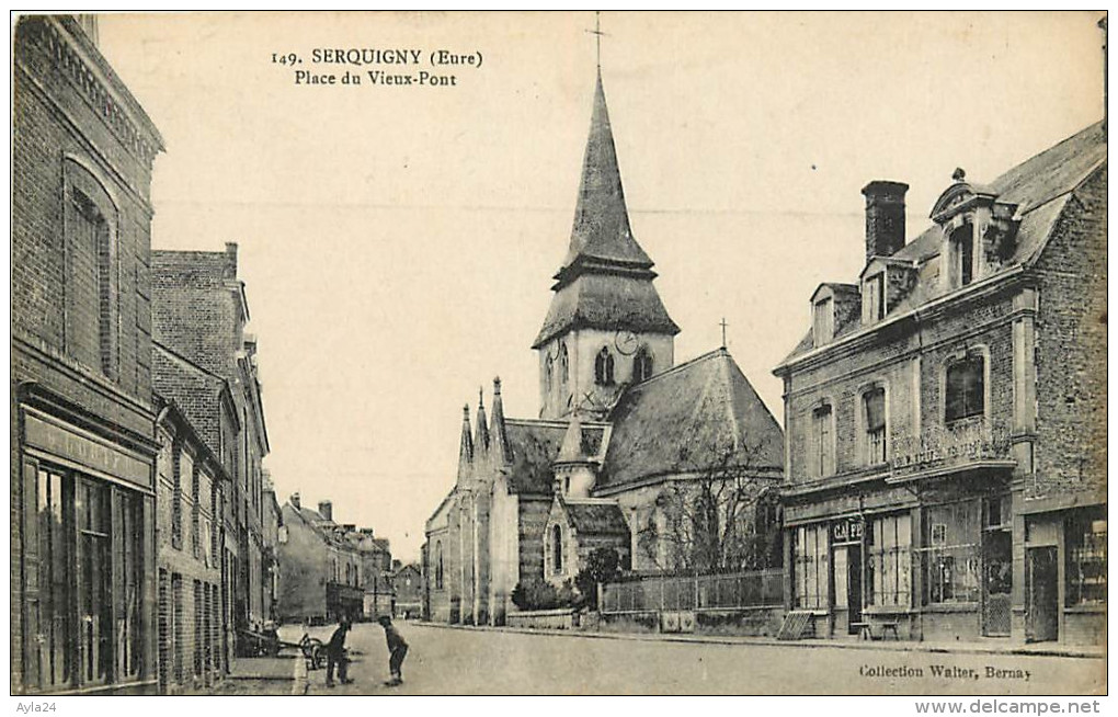 27  SERQUIGNY  Place Du Vieux Pont  Magasins Tabac Eglise Animée 1918    Ed  Walter   N° 2160 - Serquigny