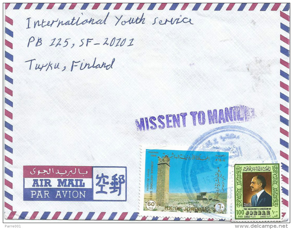 Jordan 1991 Amman Historic Monument Missent To Manila Phillipines Handstamp Cover - Filippijnen