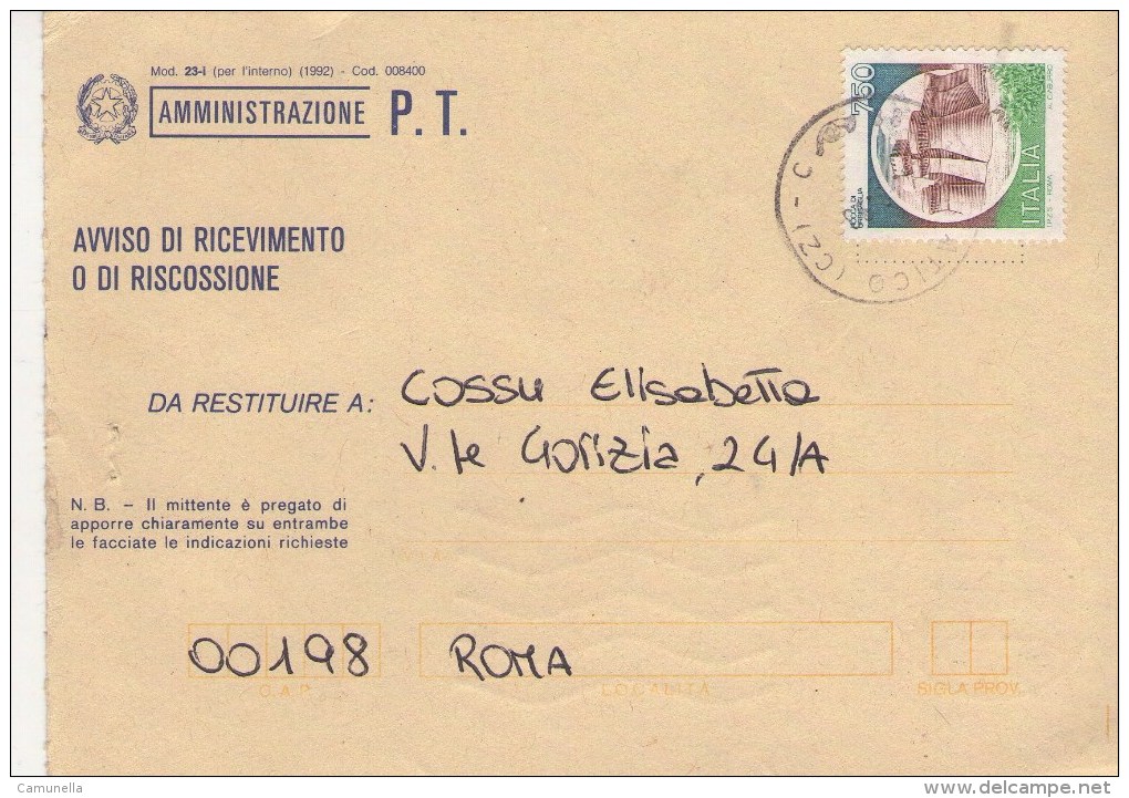 Poste Italiane -avviso Di Ricevuta Con Francobollo 1998-modello 1992 - 1991-00: Marcophilia