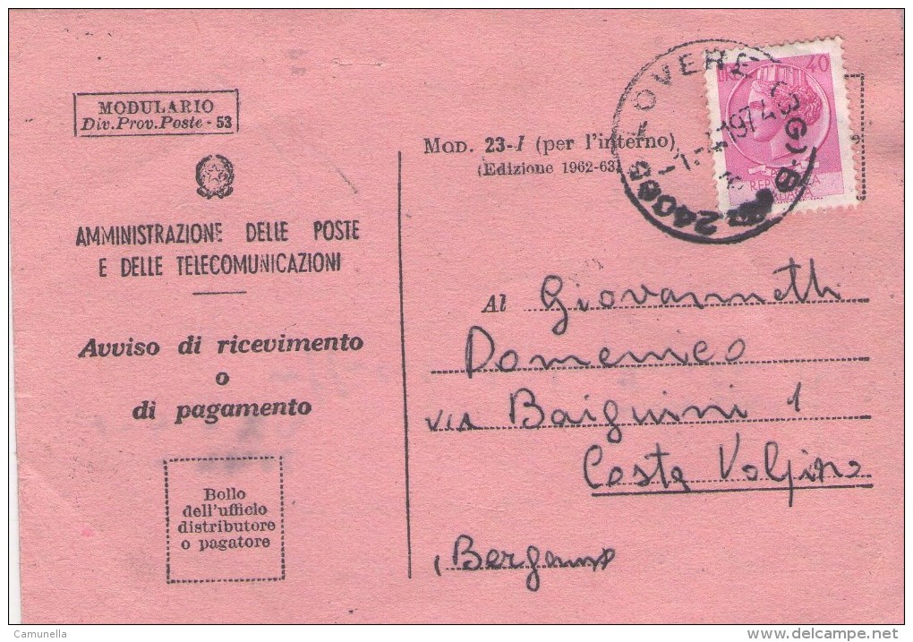 Poste Italiane -avviso Di Riscossione O Di Ricevimento Con Francobollo 1974-modello  23-i 1963-63 - 1971-80: Storia Postale