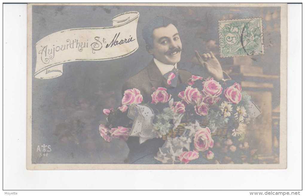 CPA-FANTAISIE-1907-BONNE FÊTE-St-MARIE-HOMME-UN JEUNE HOMME AVEC UN GROS BOUQUET DE FLEURS ET DES MOUSTACHES - Other & Unclassified