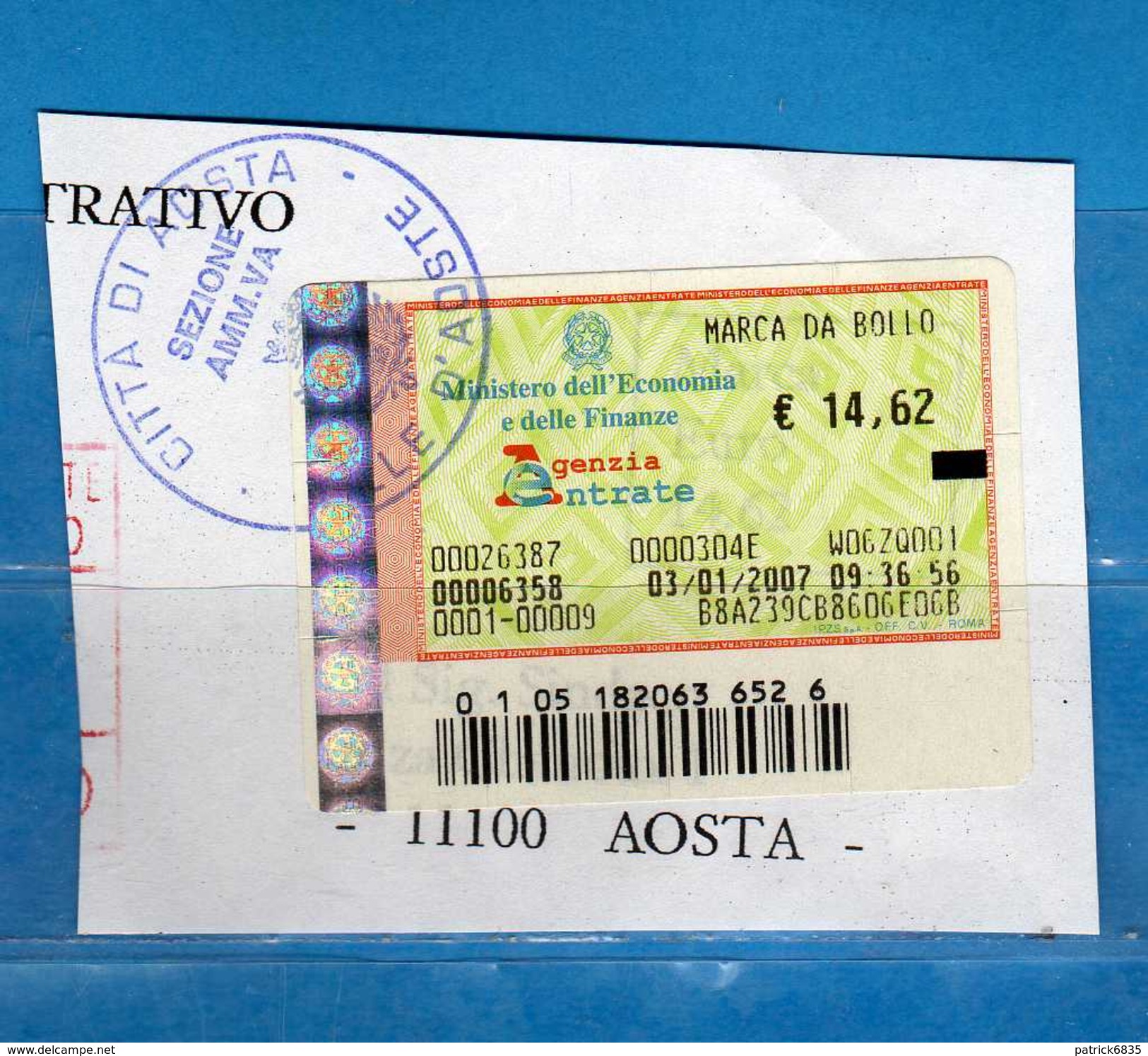 Italia - Marca Da Bollo Telematica  &euro; 14,62  -  Datata  03/01/2007. USATA - Revenue Stamps