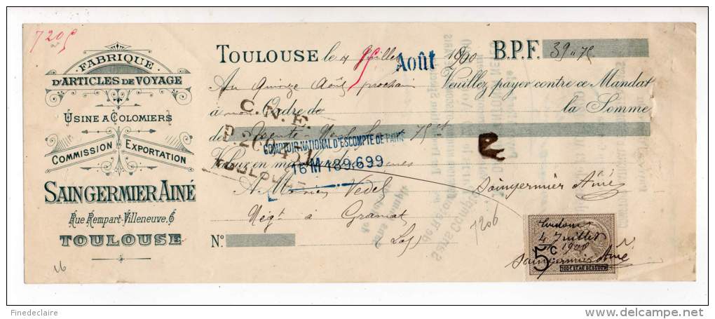 Mandat - Fabrique D'Articles De Voyages, Usine à Colomiers, Saingermier Ainé, Toulouse - 1900 - Deportes & Turismo