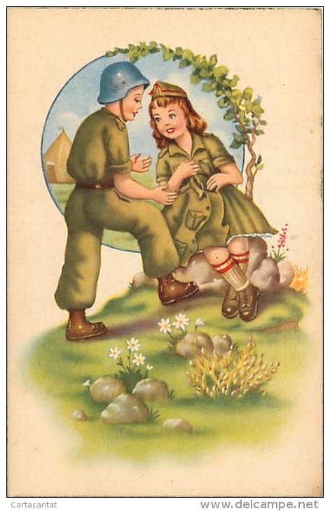 DOLCI PAROLE TRA LUI E LEI VESTITI DA MILITARI ! SIMPATICA CARTOLINA ANNI '50 - Valentinstag