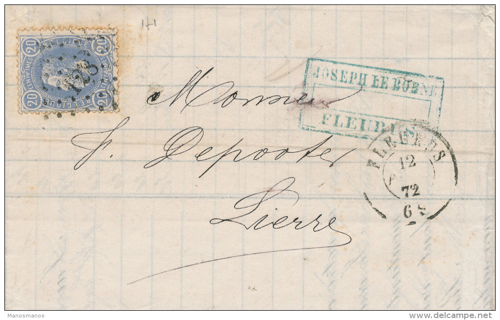 102/22 - Lettre  TP 31 Losange De Points 128 FLEURUS 1872 Vers LIERRE - Entete Banque Joseph Le Borne - Landelijks Post