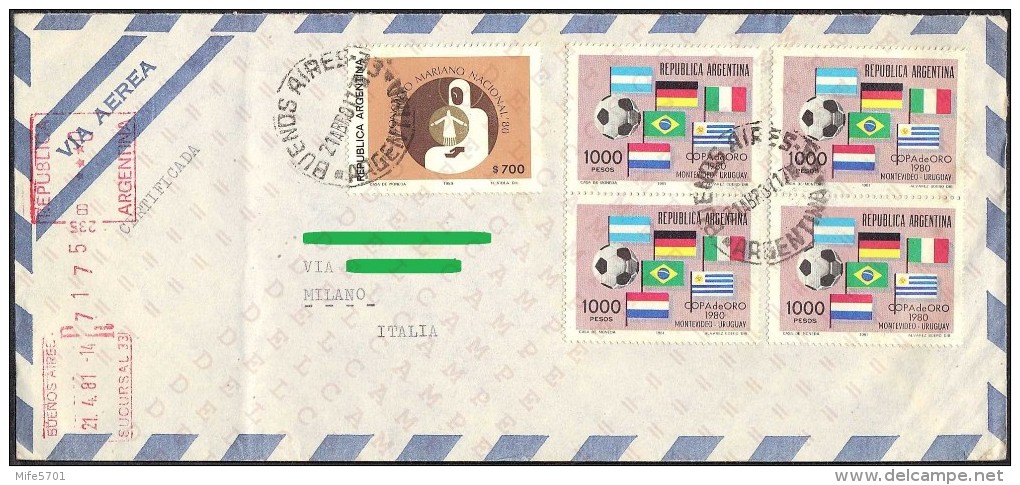 ARGENTINA - RACCOMANDATA DA: BUENOS AIRES A: MILANO - 21-04-1981 - SCOTT #1284 & #1291 X 4 - Franking Labels