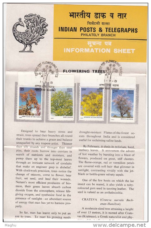 Stamped Information On Flowering Trees,Tree, Change Season Flower, Fruit, Climate  India 1981 - Trees