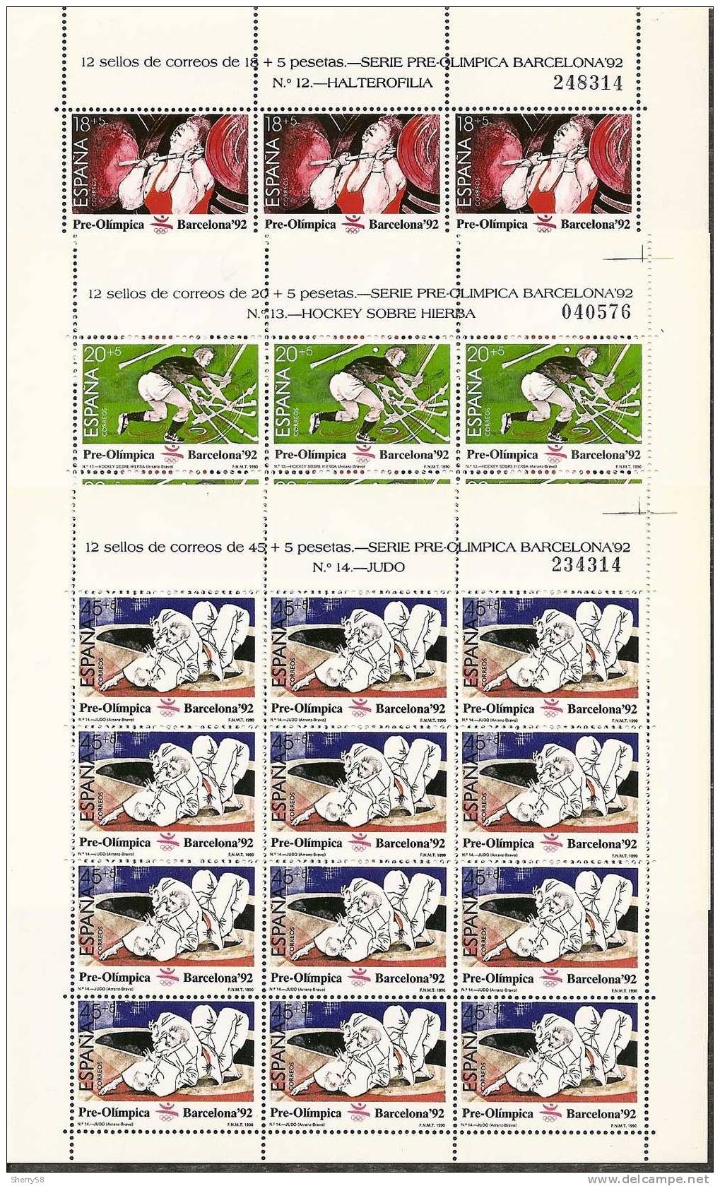 1990-ED.3054a56 EN MINIPLIEGO- M.P. 10,11,12-BARCELONA´92 IV SERIE PREOLÍMPICA.HALTEROFILIA. HOCKEY.JUDO-NUEVO - Volledige Vellen