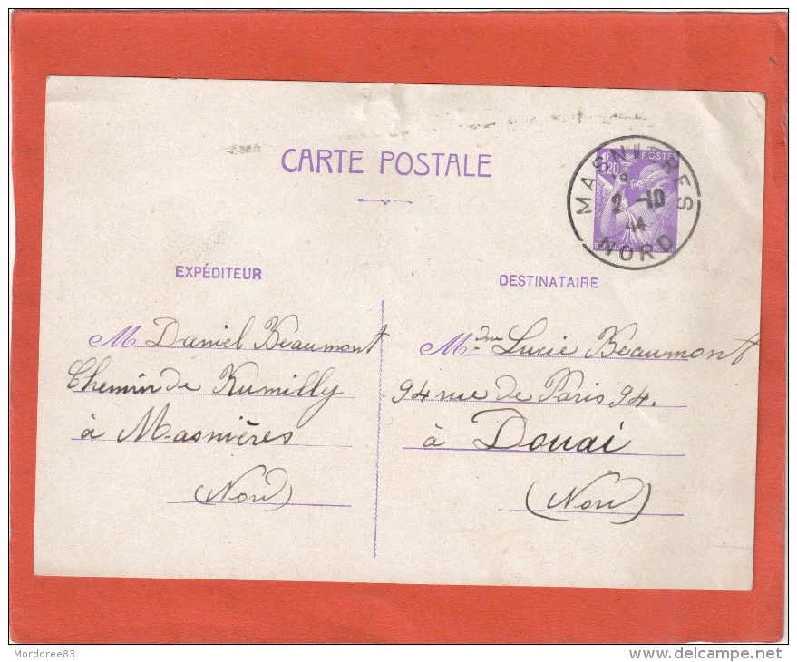 IRIS 1F20 SUR ENTIER MASNIERES NORD 2/10/44 POUR DOUAI - Lettres & Documents