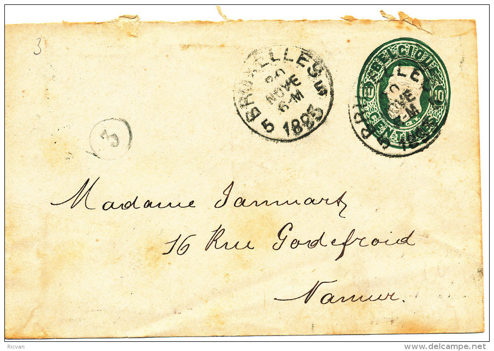 1885 Omslag Voorgefrankeerd Van Bruxelles5 Naar Namur(Station) 1cirkelstempels  En Postbodestempel Zie Scan(s) - Enveloppes