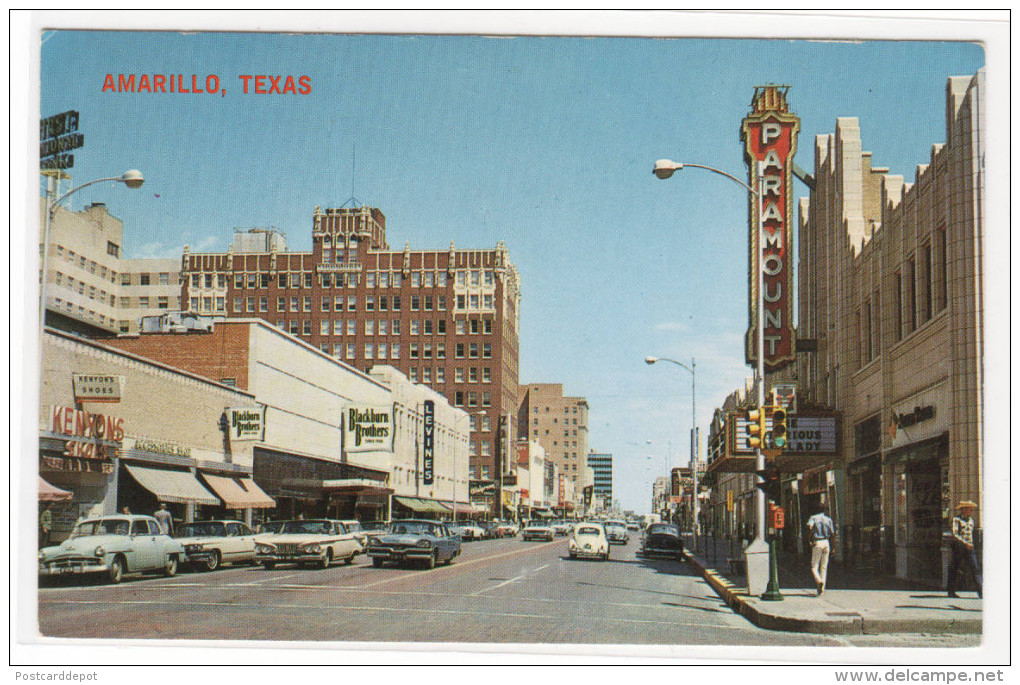 Polk Street Scene Cars Paramount Theater Amarillo Texas Postcard - Amarillo