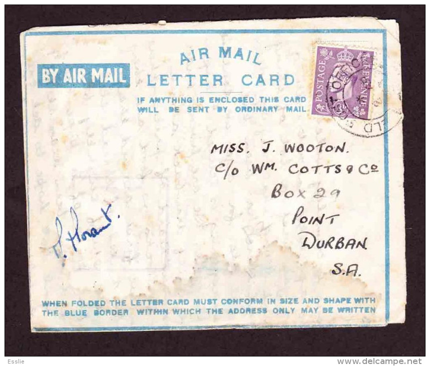 Great Britain On Cover / Air Mail Letter (Card) To Durban South Africa - 1943 - King George VI - Unclassified